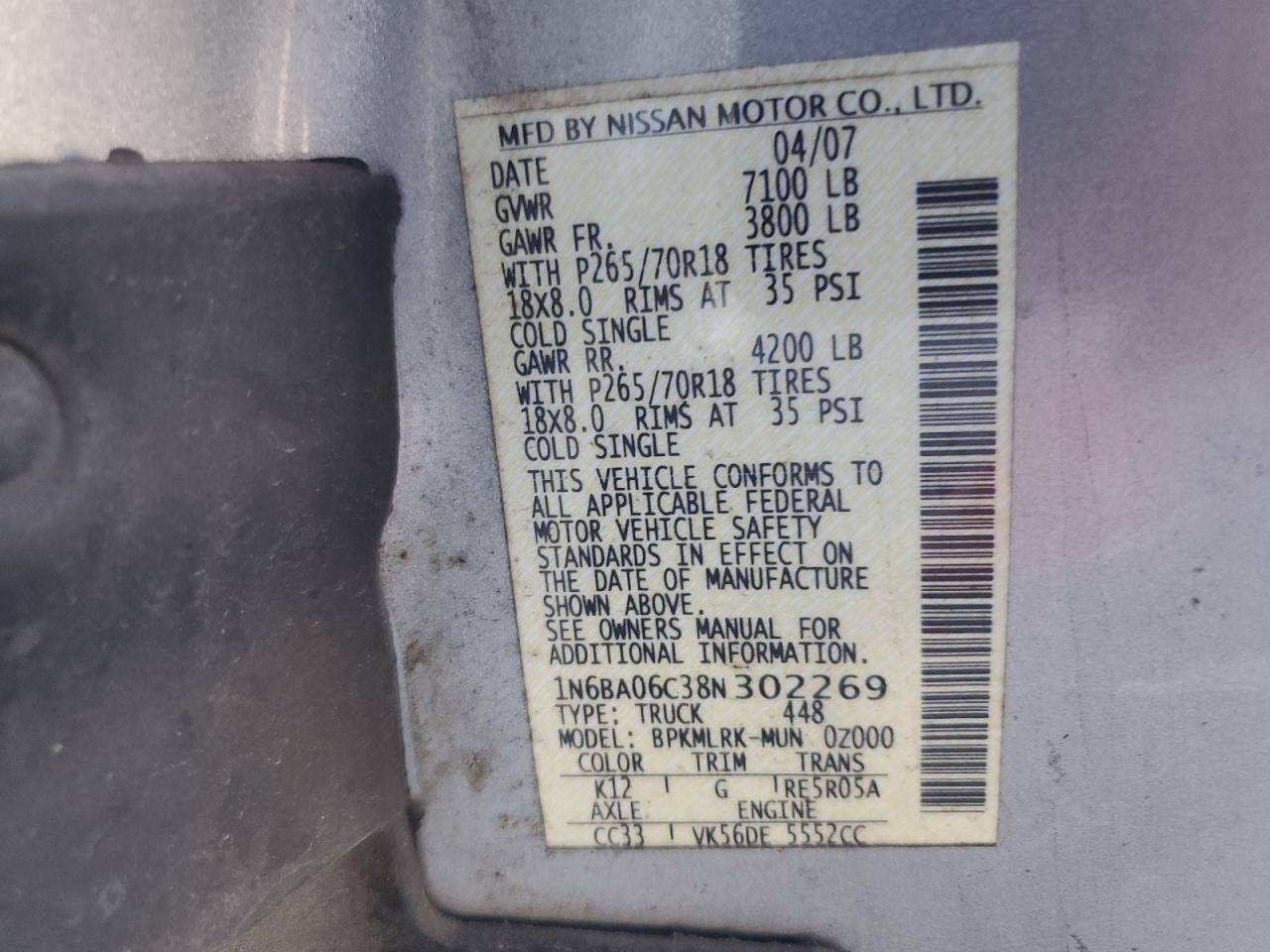 2008 Nissan Titan Xe VIN: 1N6BA06C38N302269 Lot: 85742215