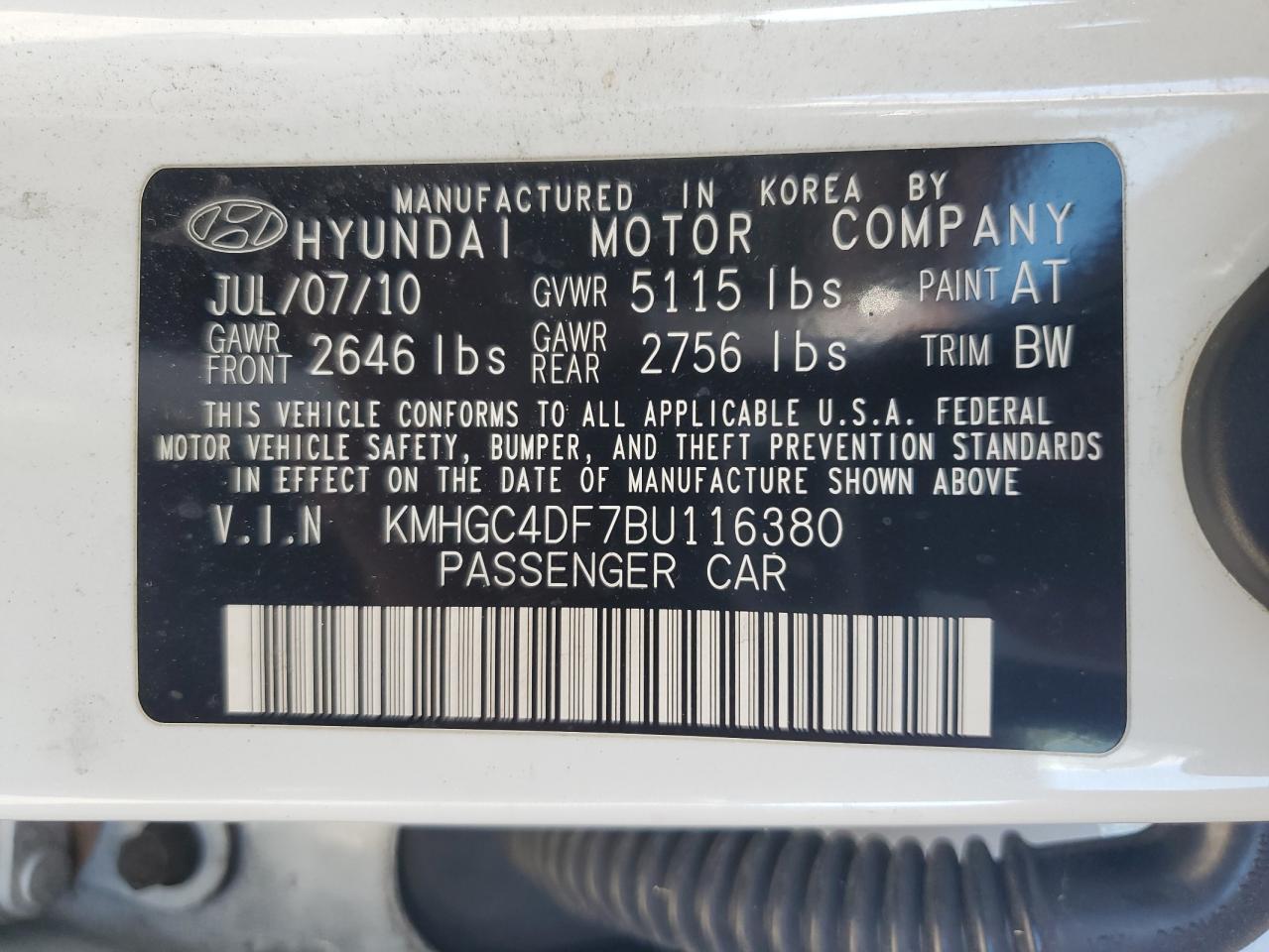 2011 Hyundai Genesis 4.6L VIN: KMHGC4DF7BU116380 Lot: 90407335
