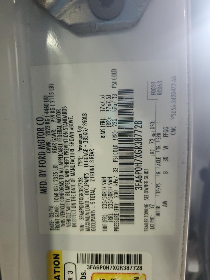 2016 Ford Fusion Se VIN: 3FA6P0H7XGR387728 Lot: 85079685