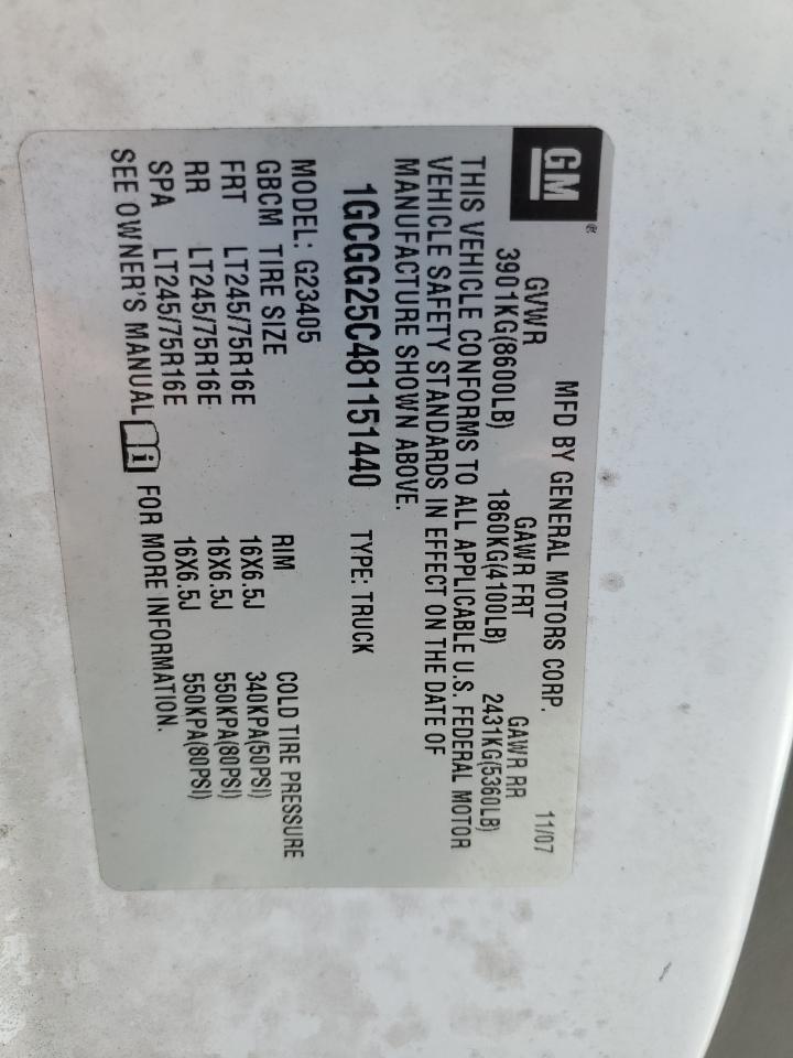 2008 Chevrolet Express G2500 VIN: 1GCGG25C481151440 Lot: 86307005