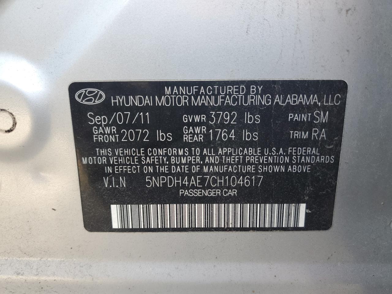 2012 Hyundai Elantra Gls VIN: 5NPDH4AE7CH104617 Lot: 82226205