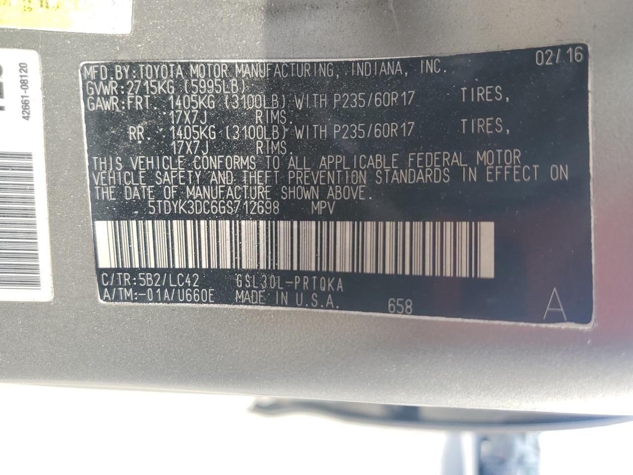 2016 Toyota Sienna Xle VIN: 5TDYK3DC6GS712698 Lot: 86699005