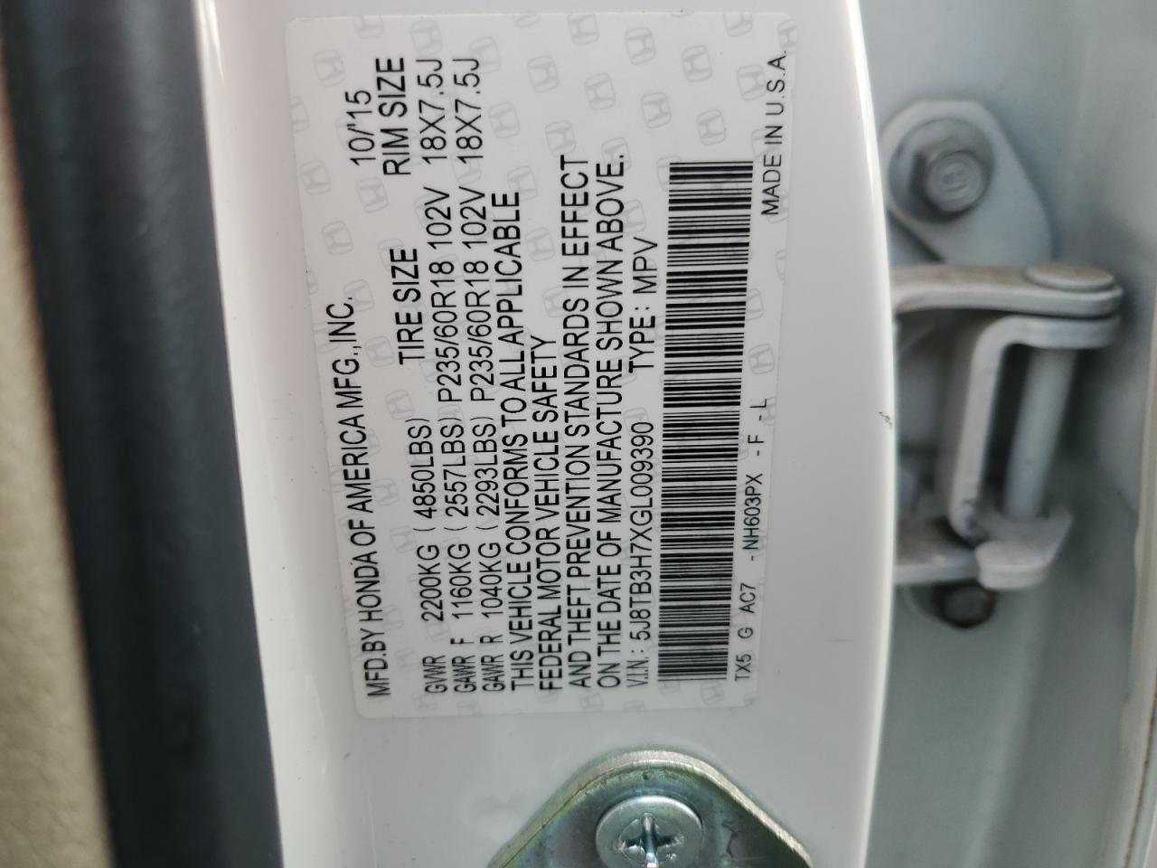 2016 Acura Rdx Advance VIN: 5J8TB3H7XGL009390 Lot: 84927165