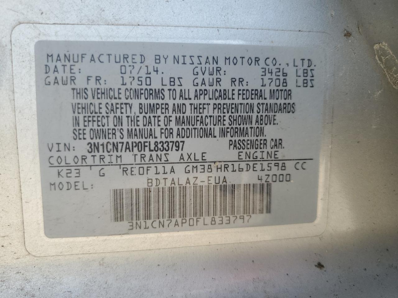 2015 Nissan Versa S VIN: 3N1CN7AP0FL833797 Lot: 85499845