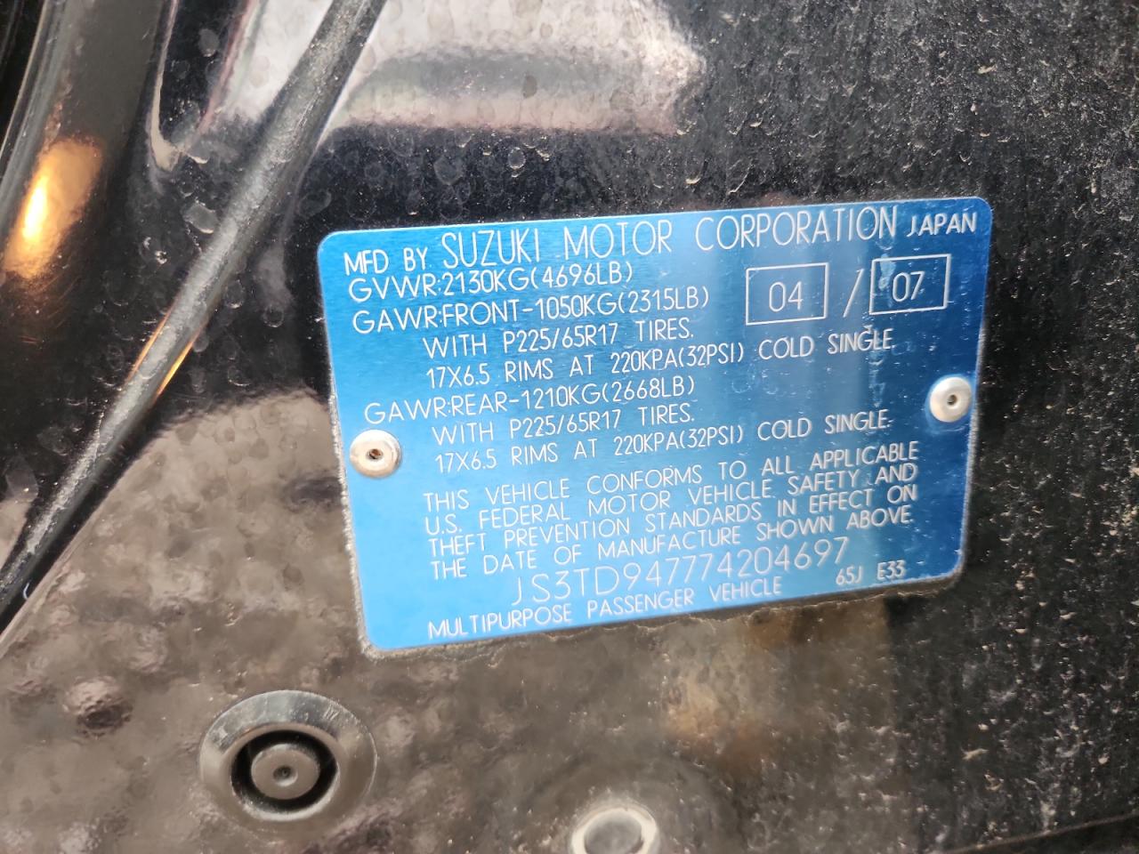 2007 Suzuki Grand Vitara Luxury VIN: JS3TD947774204697 Lot: 89872135