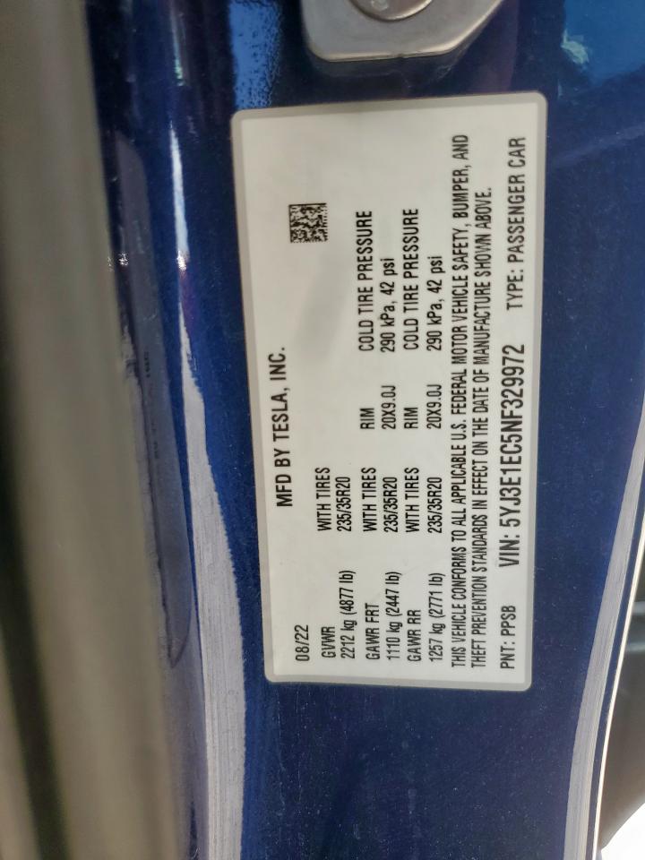 2022 Tesla Model 3 VIN: 5YJ3E1EC5NF329972 Lot: 85581365