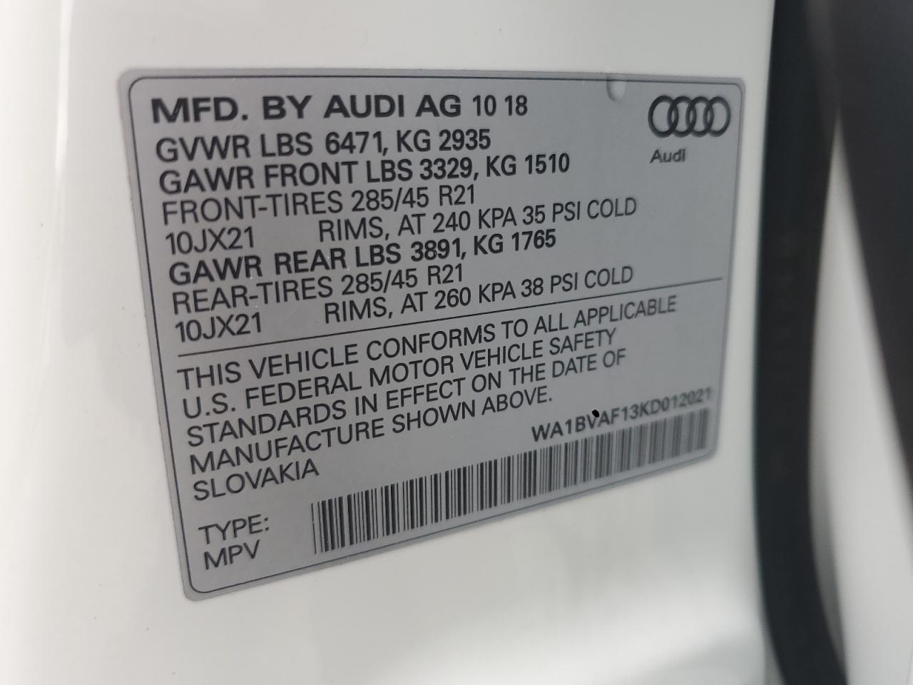2019 Audi Q8 Premium Plus VIN: WA1BVAF13KD012021 Lot: 86222635