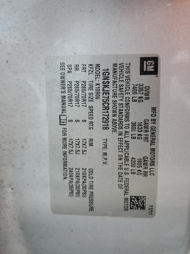 2012 Chevrolet Suburban K1500 Lt VIN: 1GNSKJE75CR172918 Lot: 85829925