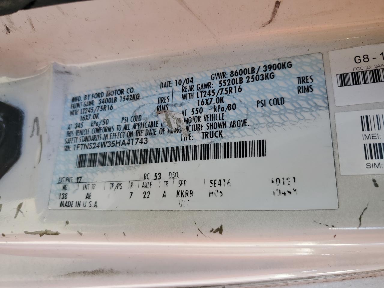 2005 Ford Econoline E250 Van VIN: 1FTNS24W35HA41743 Lot: 85752675