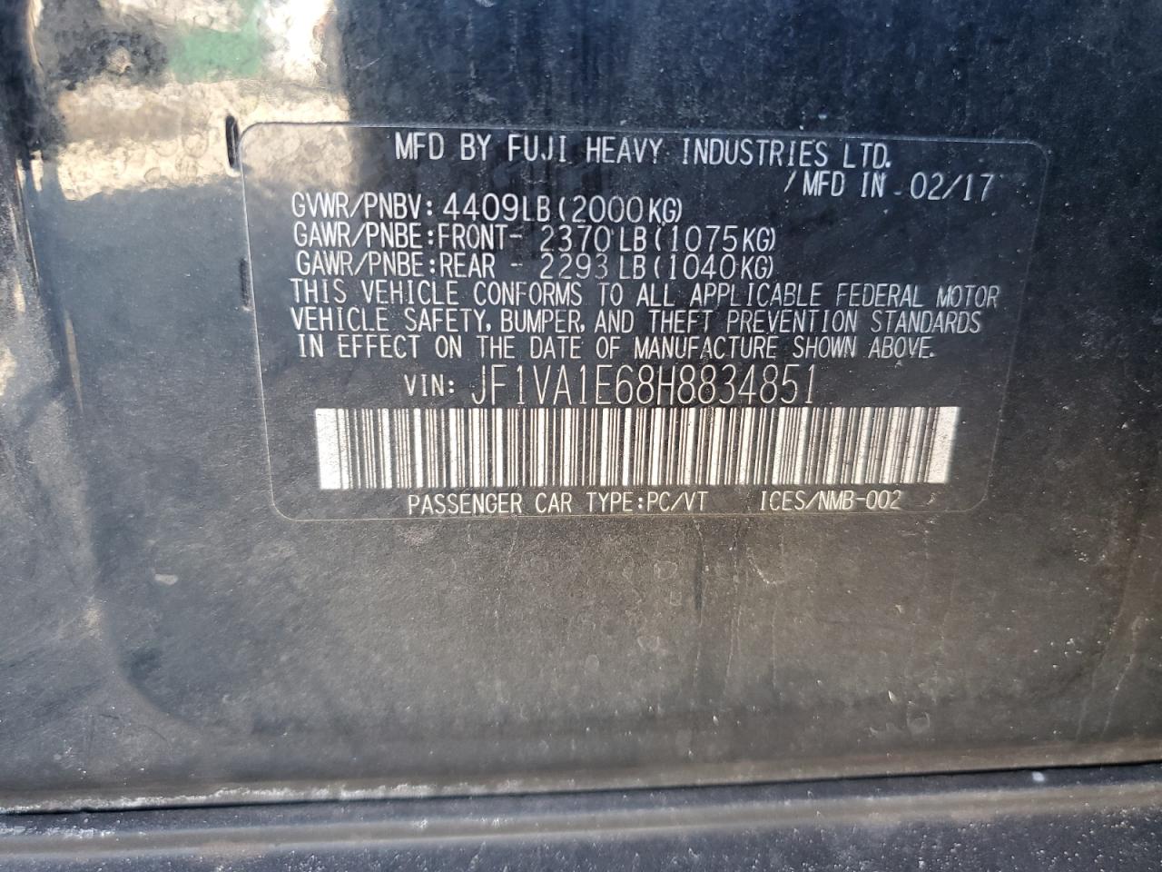 2017 Subaru Wrx Premium VIN: JF1VA1E68H8834851 Lot: 86529225