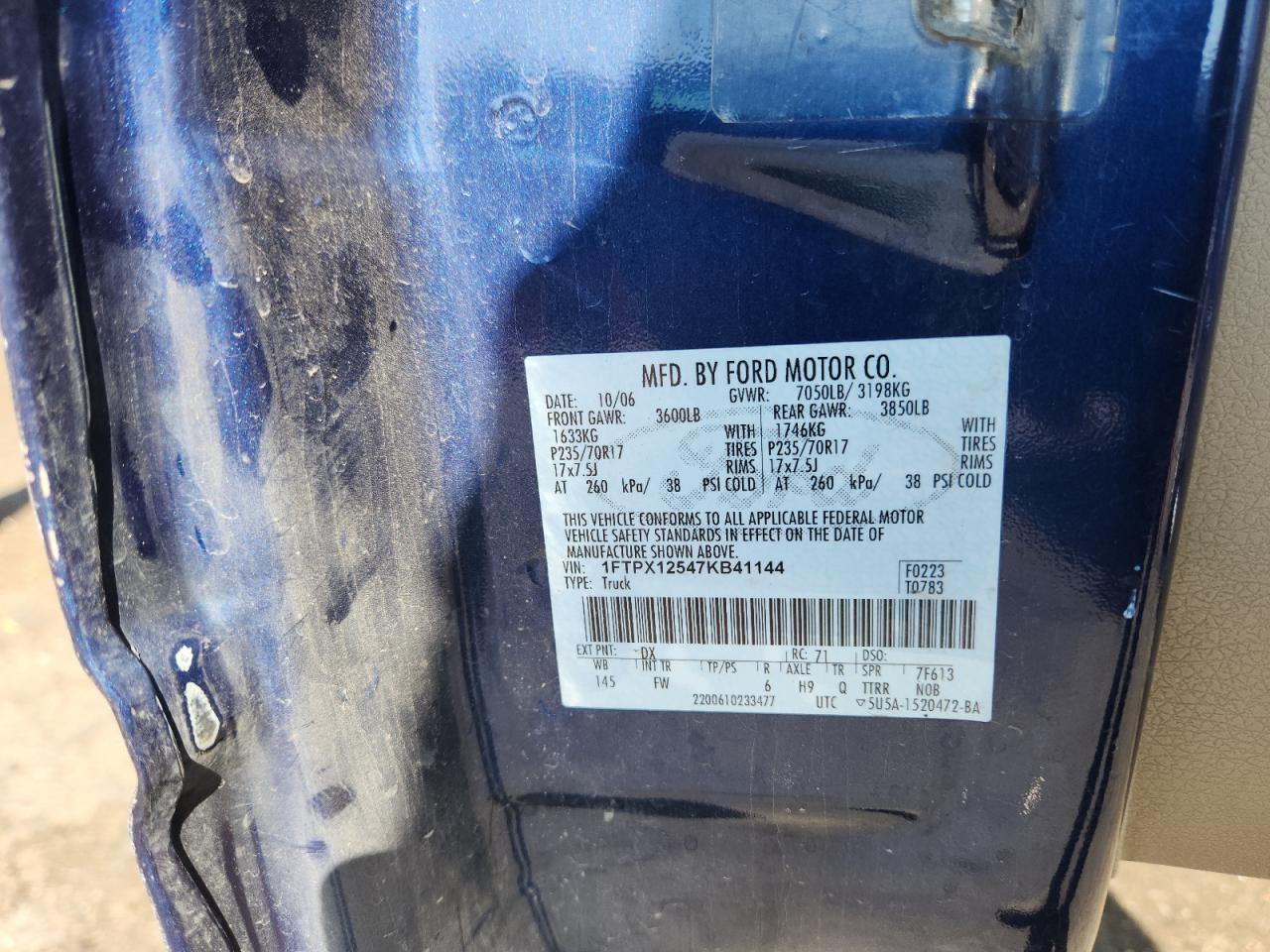 2007 Ford F150 VIN: 1FTPX12547KB41144 Lot: 85853475