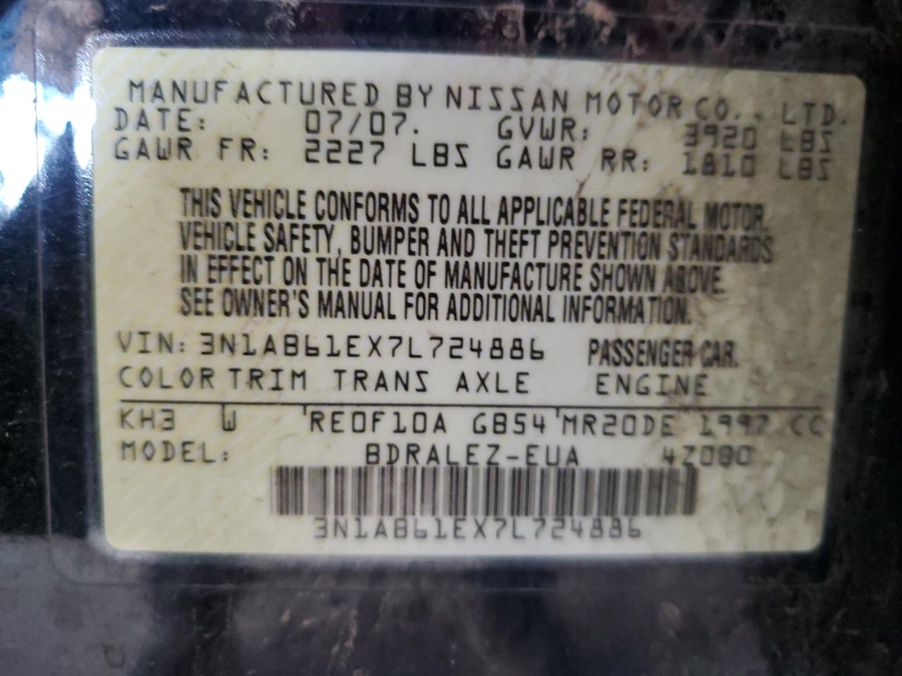 2007 Nissan Sentra 2.0 VIN: 3N1AB61EX7L724886 Lot: 81981715