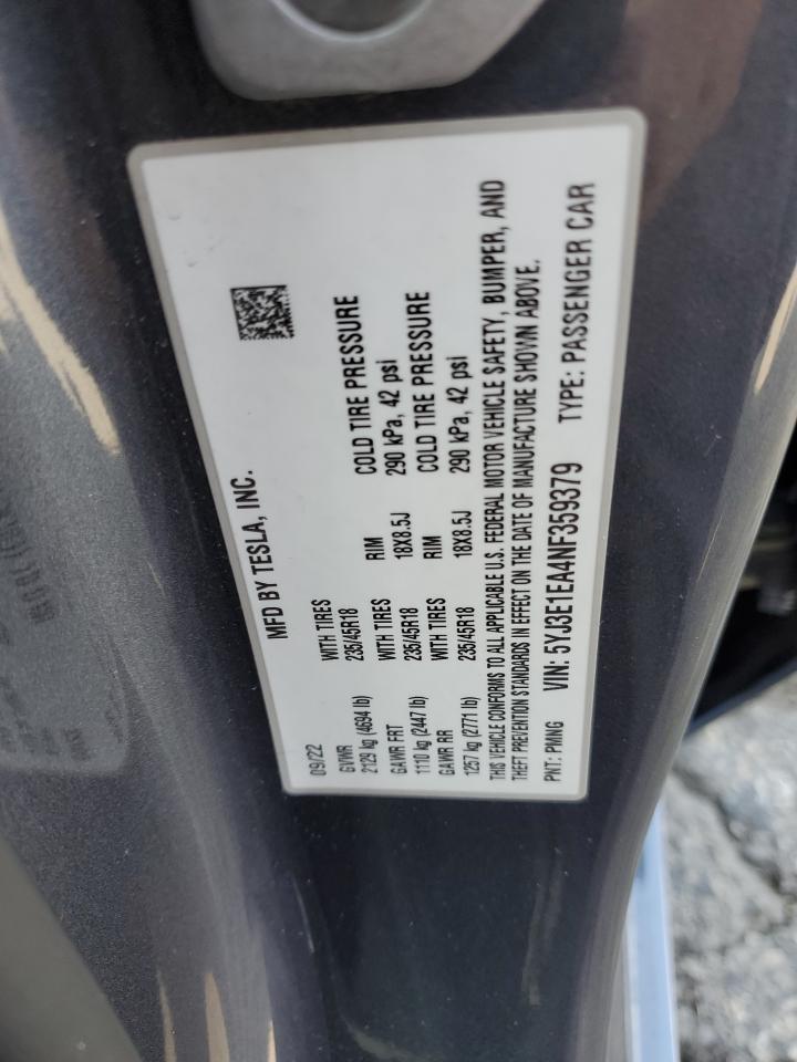 2022 Tesla Model 3 VIN: 5YJ3E1EA4NF359379 Lot: 82564105