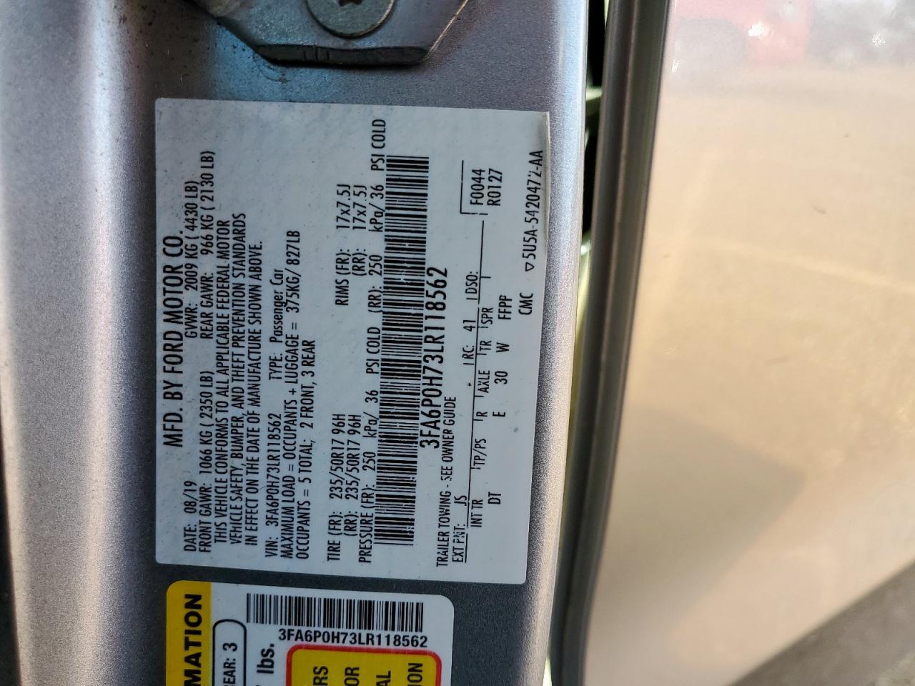 2020 Ford Fusion Se VIN: 3FA6P0H73LR118562 Lot: 90082085