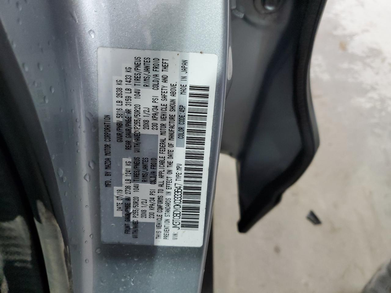 2019 Mazda Cx-9 Grand Touring VIN: JM3TCBDY0K0333647 Lot: 86529155