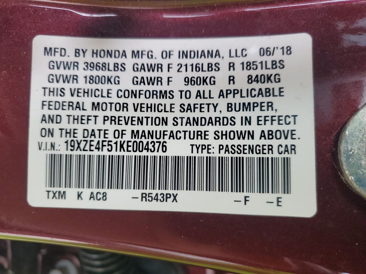 2019 Honda Insight Ex VIN: 19XZE4F51KE004376 Lot: 85339285