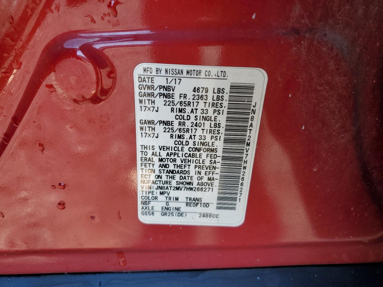 2017 Nissan Rogue S VIN: JN8AT2MV7HW266271 Lot: 85850575