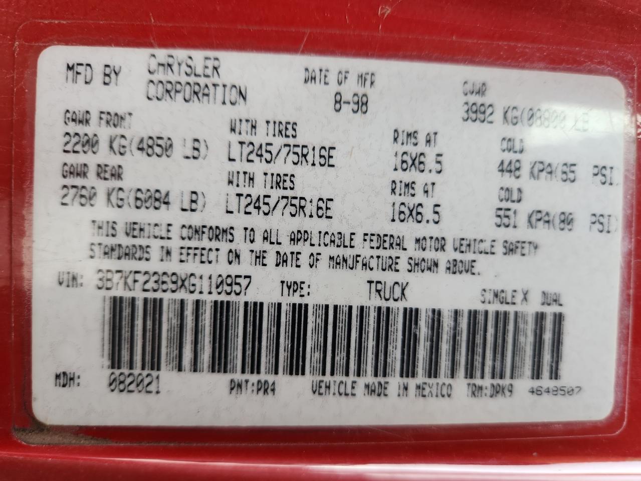 1999 Dodge Ram 2500 VIN: 3B7KF2369XG110957 Lot: 82387765