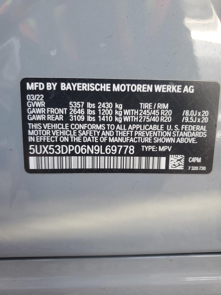 2022 BMW X3 xDrive30I VIN: 5UX53DP06N9L69778 Lot: 85643545
