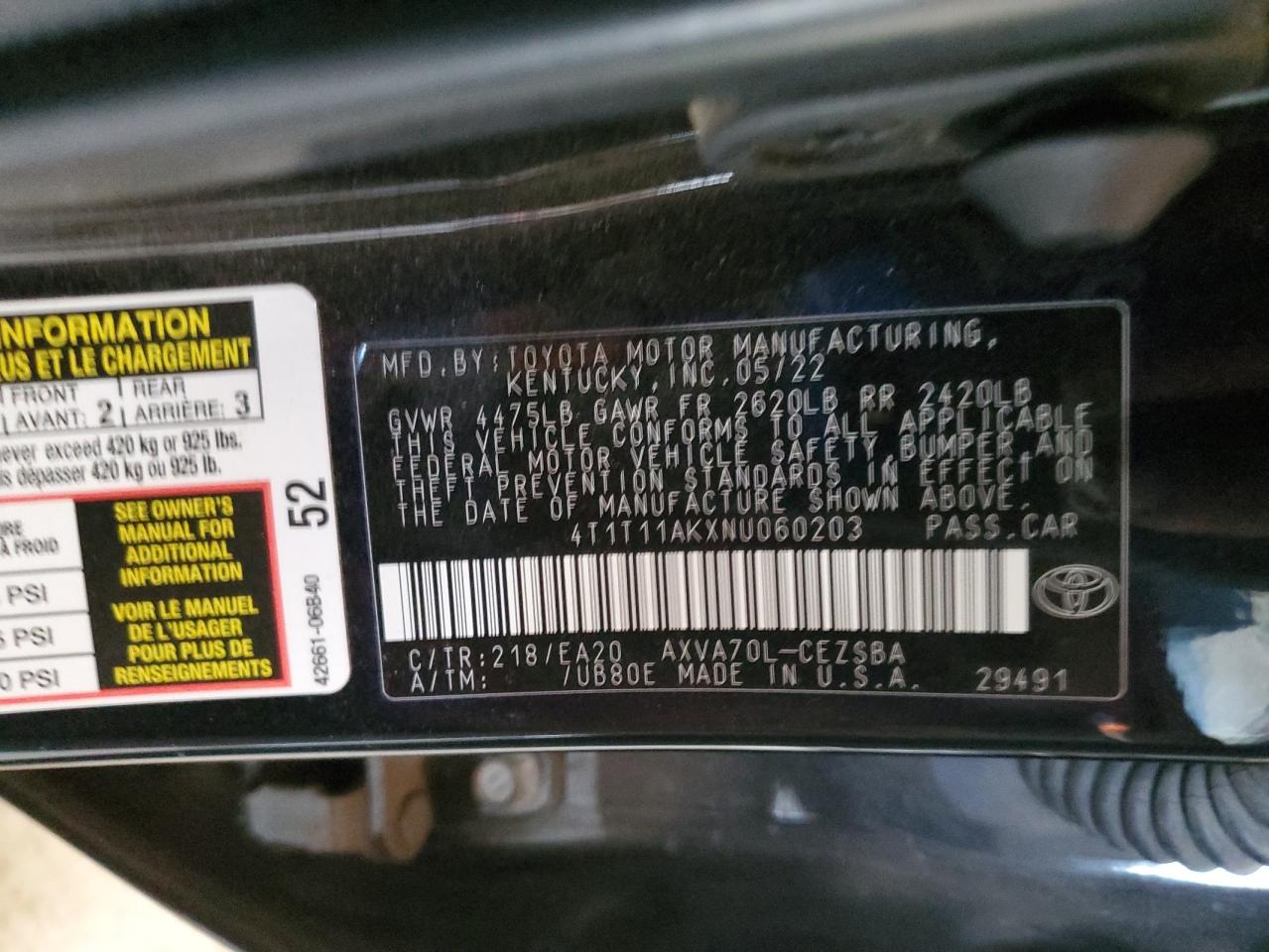 2022 Toyota Camry Se VIN: 4T1T11AKXNU060203 Lot: 82335985