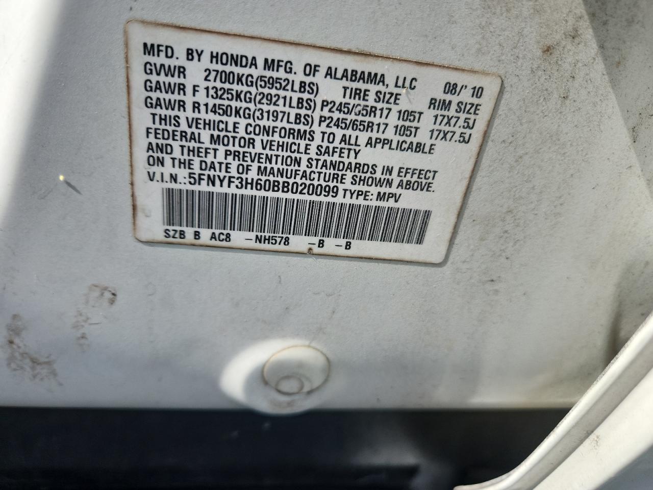 2011 Honda Pilot Exl VIN: 5FNYF3H60BB020099 Lot: 85753855