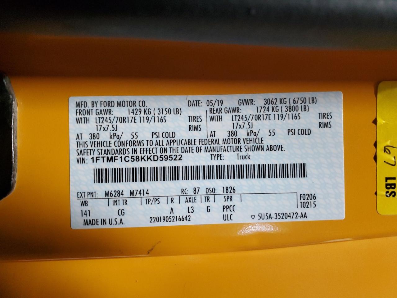 2019 Ford F150 VIN: 1FTMF1C58KKD59522 Lot: 86680675