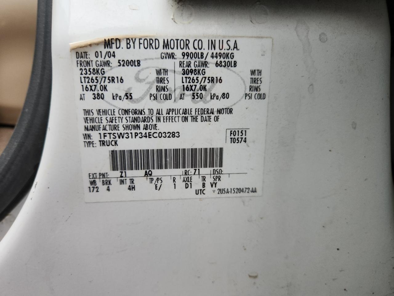 2004 Ford F350 Srw Super Duty VIN: 1FTSW31P34EC03283 Lot: 86643085