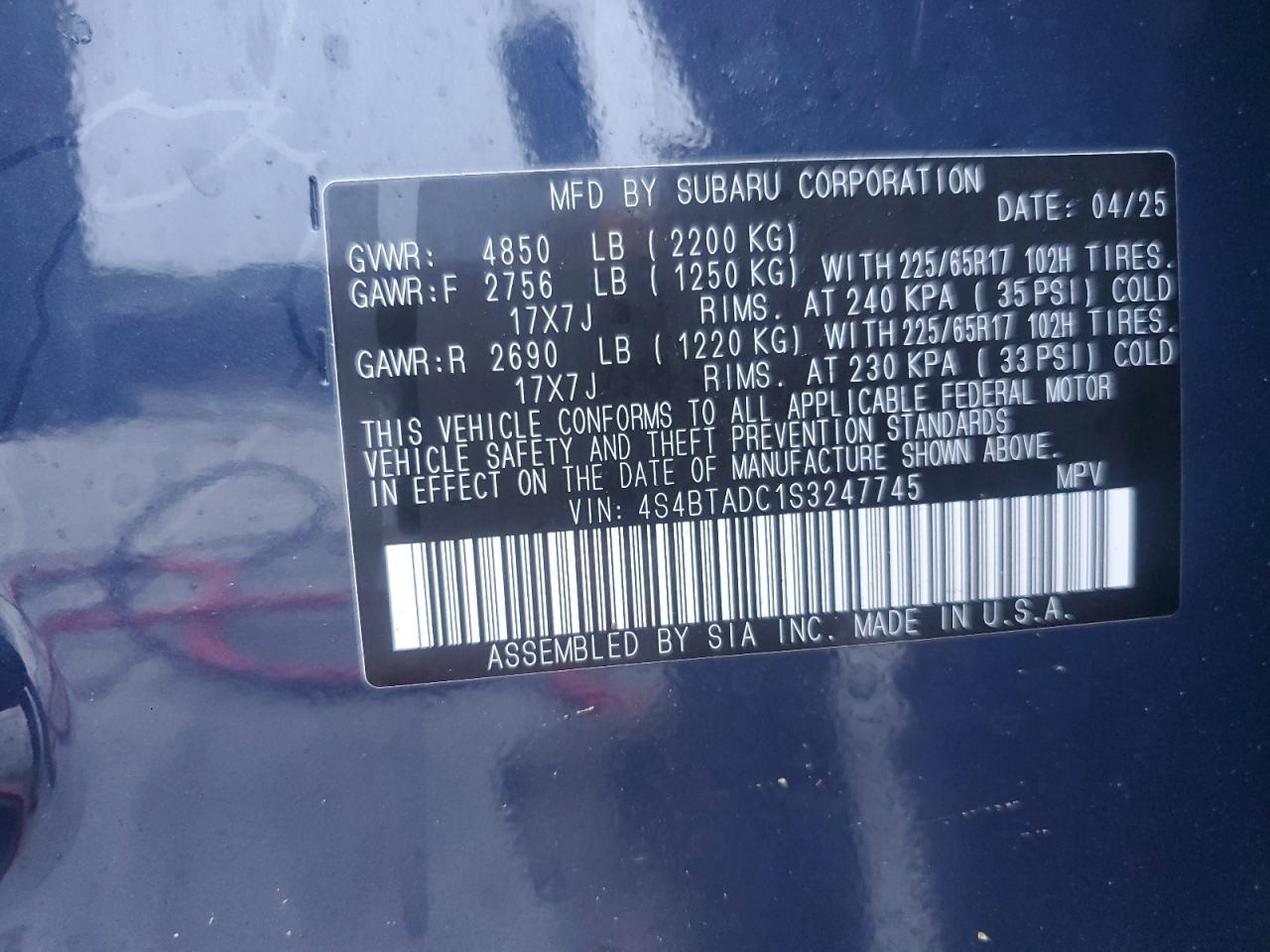 2025 Subaru Outback Premium VIN: 4S4BTADC1S3247745 Lot: 84940035