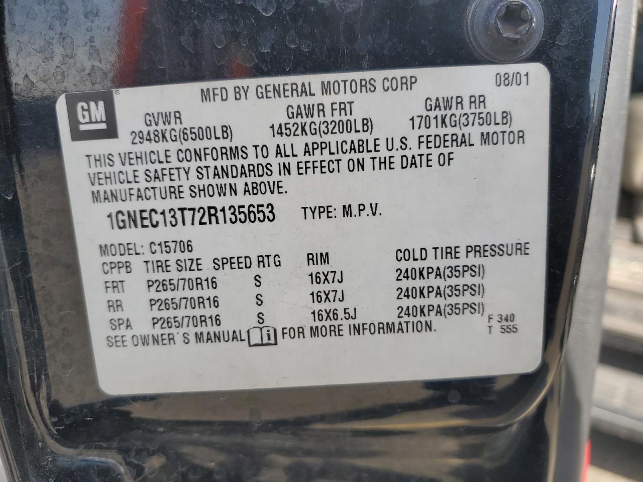 2002 Chevrolet Tahoe C1500 VIN: 1GNEC13T72R135653 Lot: 91080465