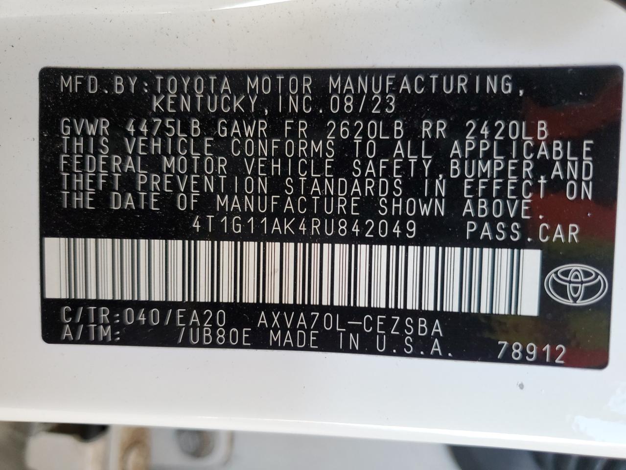 2024 Toyota Camry Se Night Shade VIN: 4T1G11AK4RU842049 Lot: 84820515