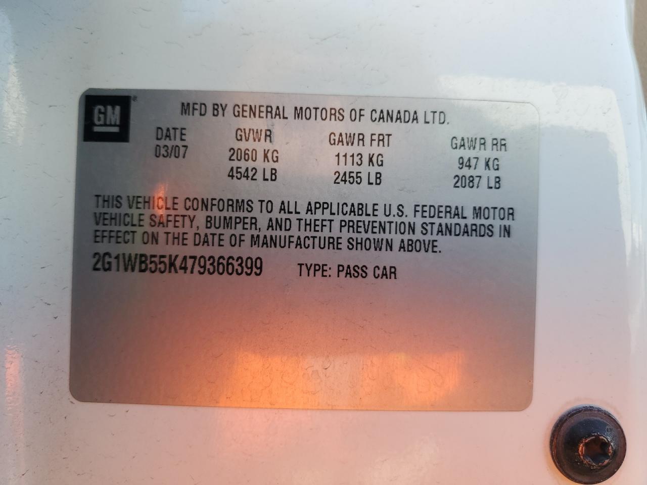 2007 Chevrolet Impala Ls VIN: 2G1WB55K479366399 Lot: 90623925