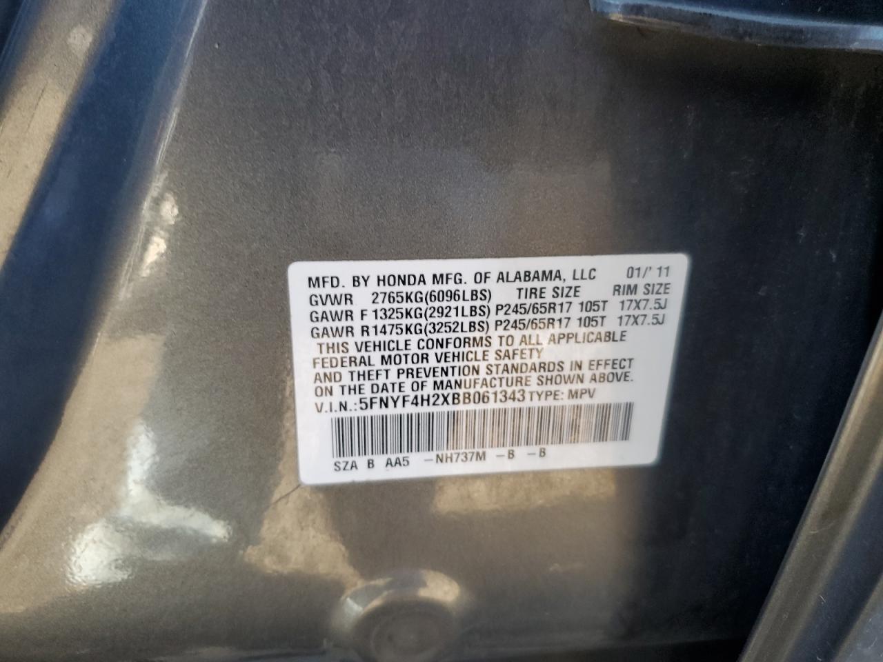 2011 Honda Pilot Lx VIN: 5FNYF4H2XBB061343 Lot: 82202645