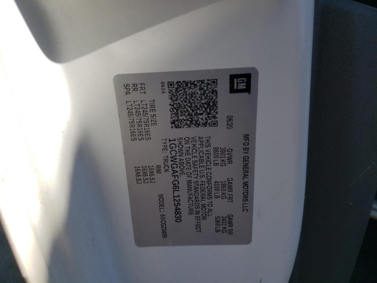 2020 Chevrolet Express G2500 VIN: 1GCWGAFG6L1254830 Lot: 85956795