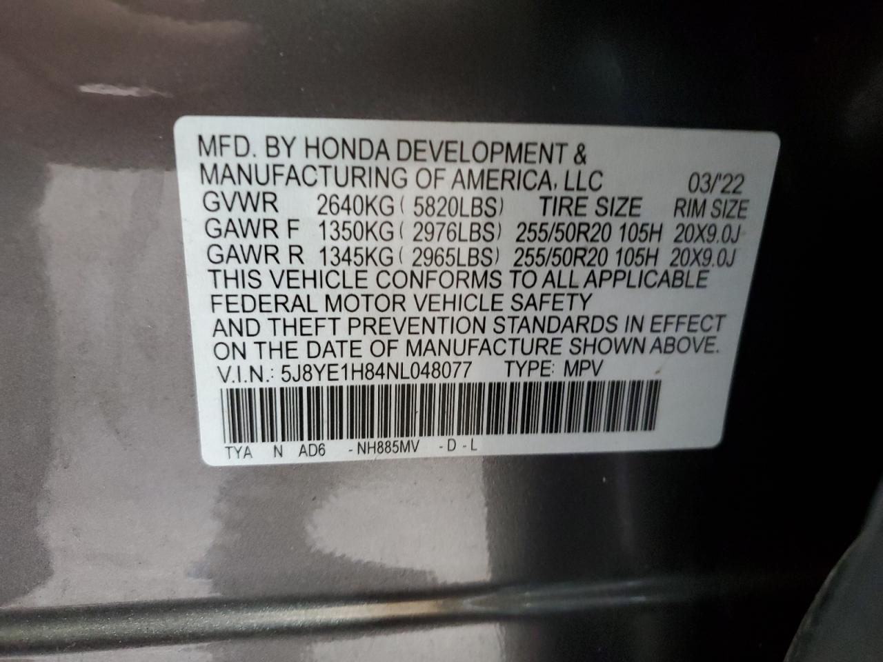2022 Acura Mdx Advance VIN: 5J8YE1H84NL048077 Lot: 85691865