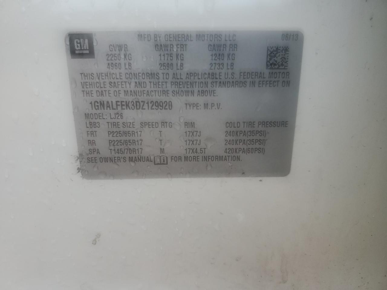 2013 Chevrolet Equinox Ltz VIN: 1GNALFEK3DZ129920 Lot: 85341675