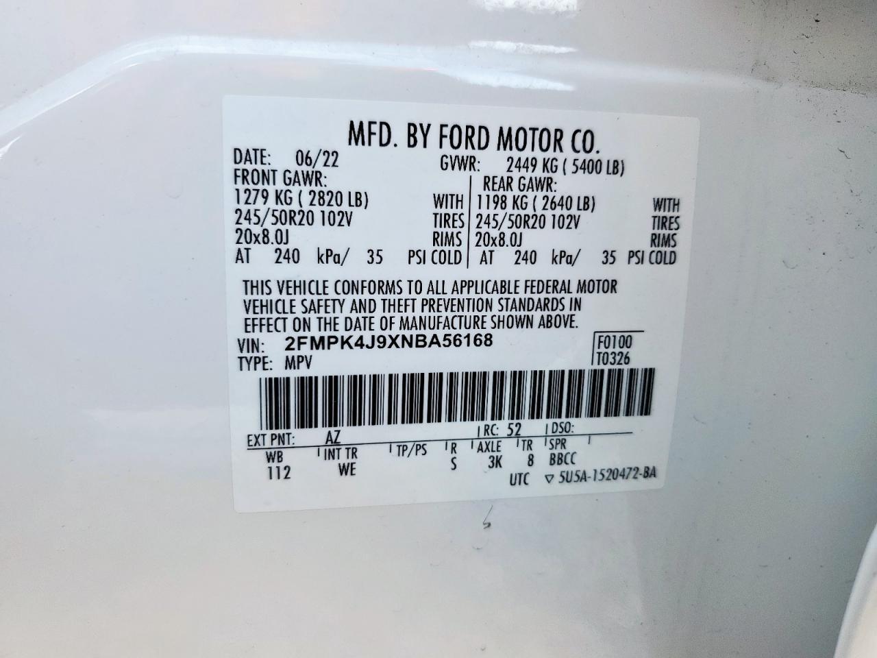 2022 Ford Edge Sel VIN: 2FMPK4J9XNBA56168 Lot: 85389655