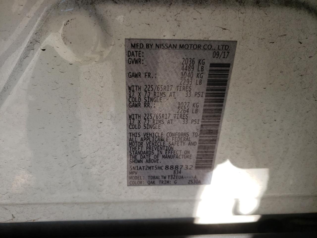 2017 Nissan Rogue S VIN: 5N1AT2MT5HC888732 Lot: 85650565