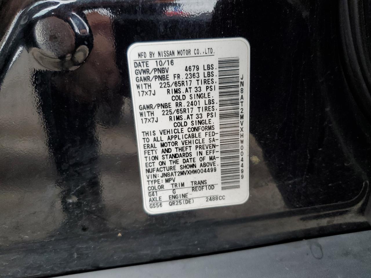 2017 Nissan Rogue S VIN: JN8AT2MVXHW004499 Lot: 85385825