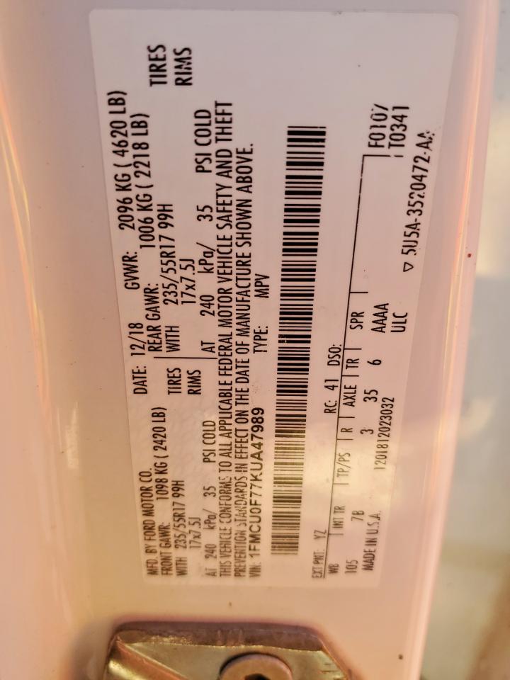 2019 Ford Escape S VIN: 1FMCU0F77KUA47989 Lot: 85346975