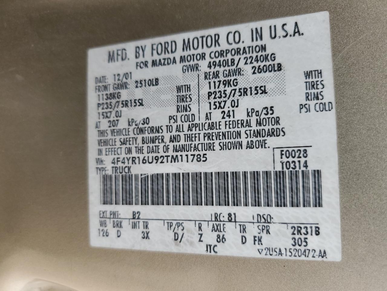 2002 Mazda B3000 Cab Plus VIN: 4F4YR16U92TM11785 Lot: 82600195