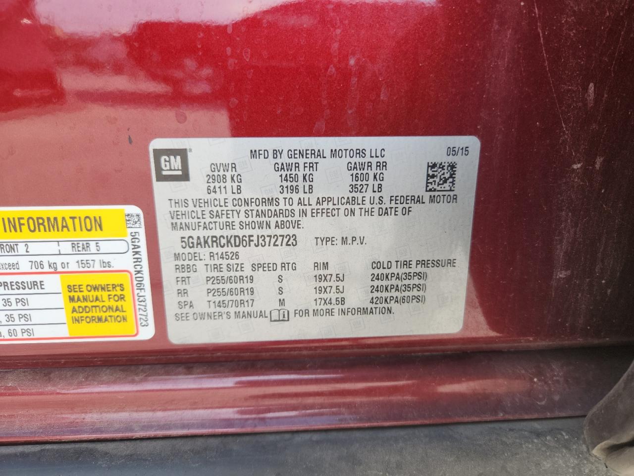 2015 Buick Enclave VIN: 5GAKRCKD6FJ372723 Lot: 87044985