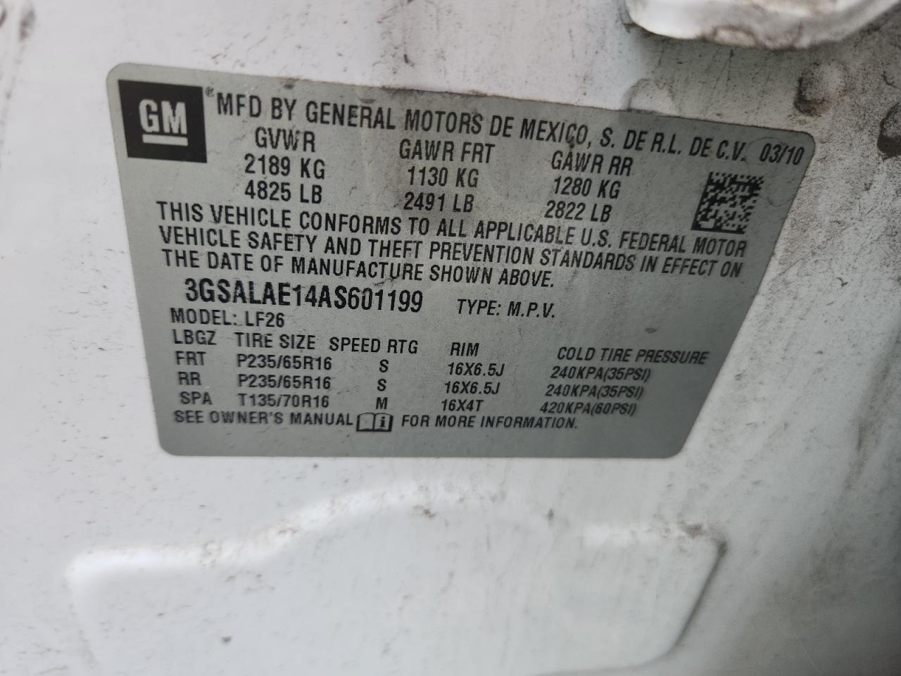 2010 Saturn Vue Xe VIN: 3GSALAE14AS601199 Lot: 84903455