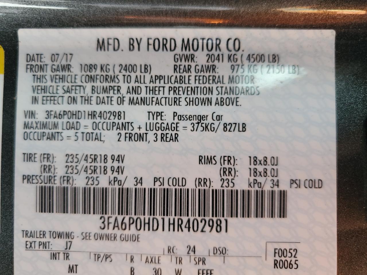 2017 Ford Fusion Se VIN: 3FA6P0HD1HR402981 Lot: 85114315