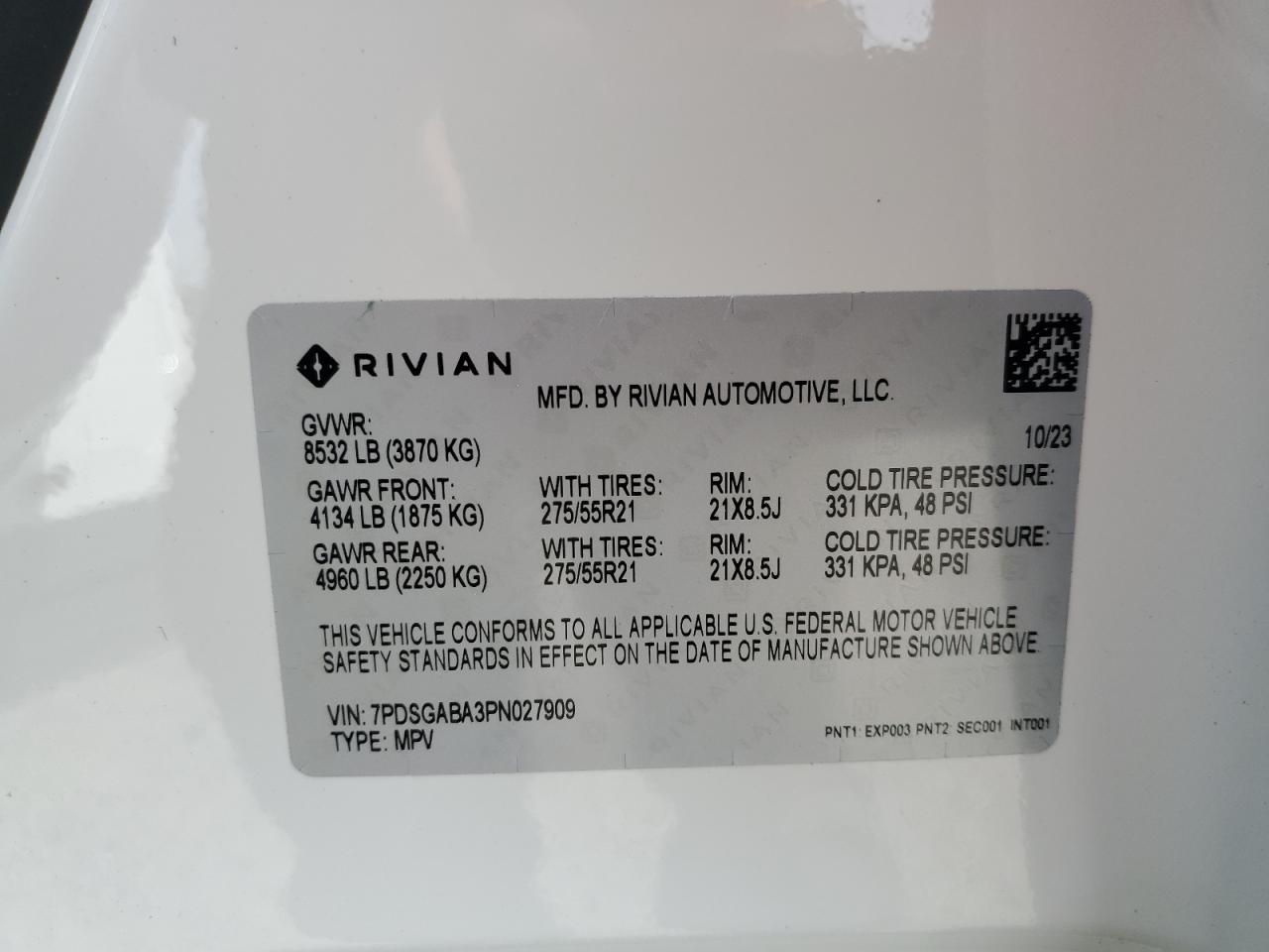 2023 Rivian R1S Adventure VIN: 7PDSGABA3PN027909 Lot: 90608235