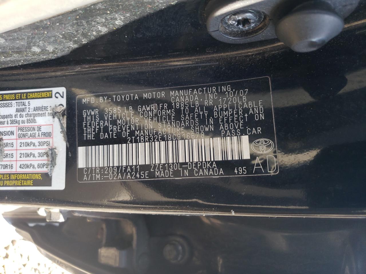 2008 Toyota Corolla Ce VIN: 2T1BR32E18C916678 Lot: 85513355