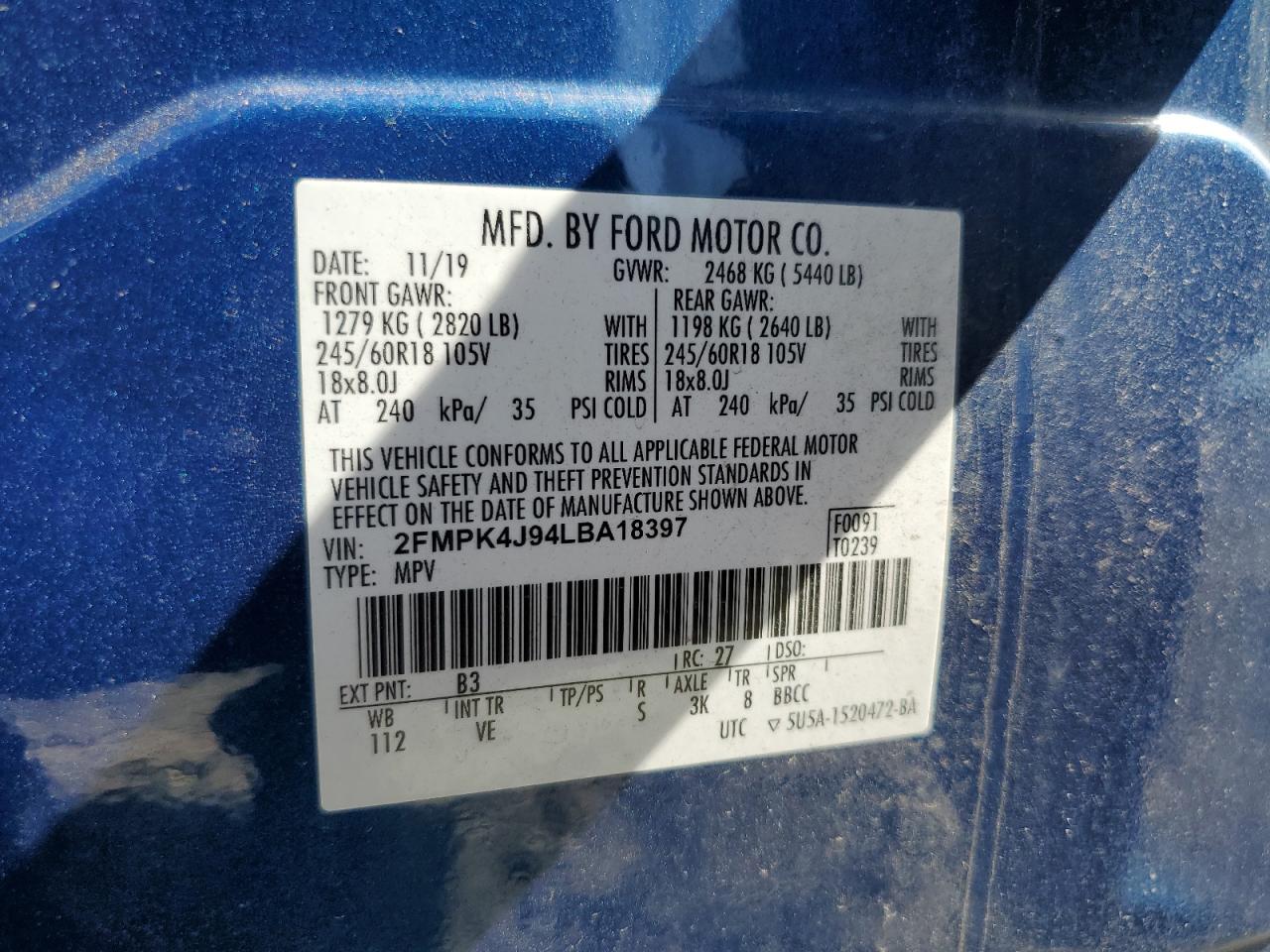 2020 Ford Edge Sel VIN: 2FMPK4J94LBA18397 Lot: 85201835