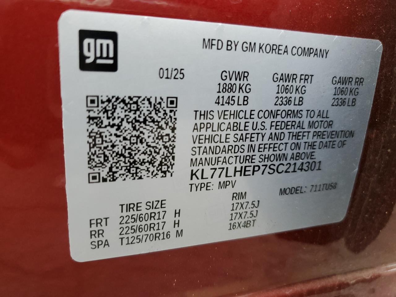 2025 Chevrolet Trax 1Lt VIN: KL77LHEP7SC214301 Lot: 85010845