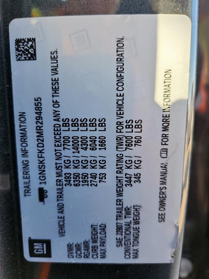 2021 Chevrolet Suburban K1500 Premier VIN: 1GNSKFKD2MR294855 Lot: 91087025