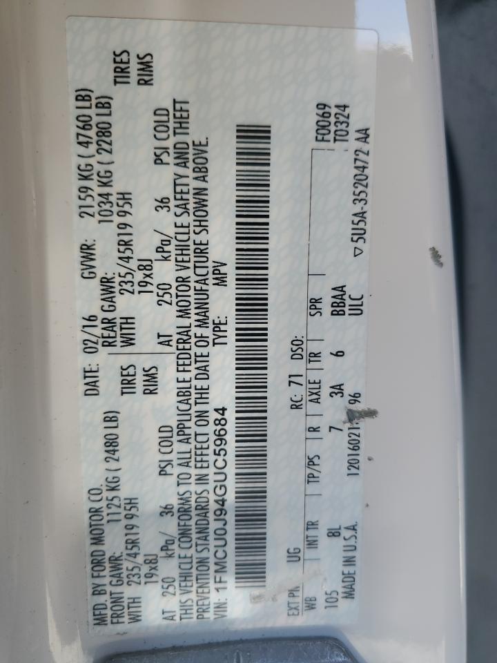 2016 Ford Escape Titanium VIN: 1FMCU0J94GUC59684 Lot: 84071995