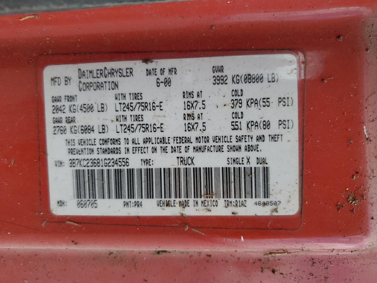 2001 Dodge Ram 2500 VIN: 3B7KC23681G234556 Lot: 89559735